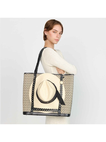 Checkerboard Rattan and Leather Hat Carrier Tote