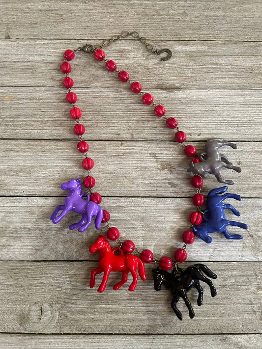 Pony Horse Club Necklace on Red Beads